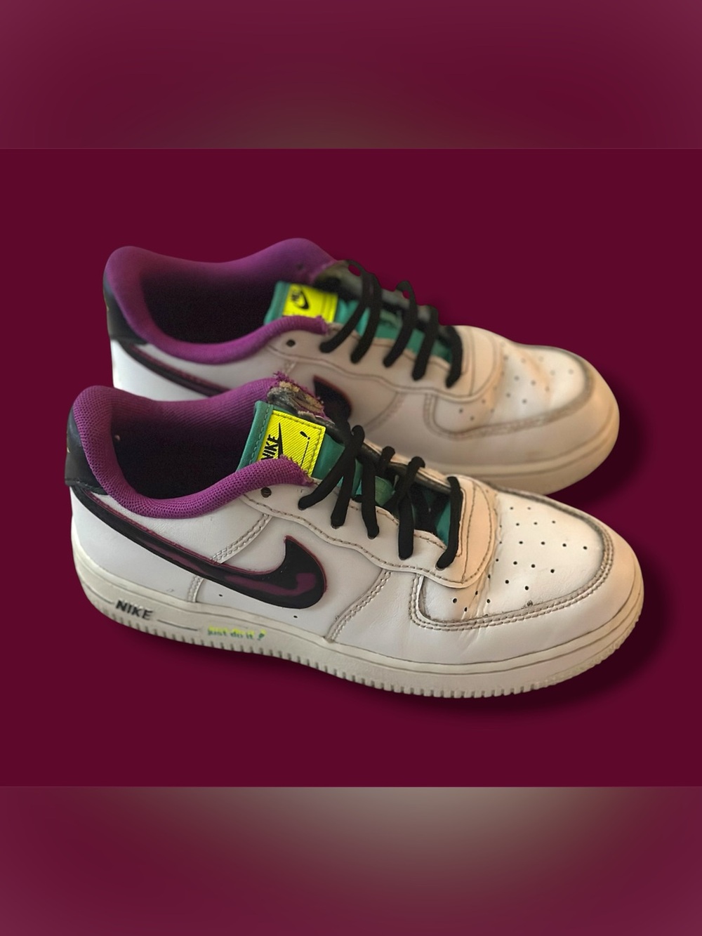 Nike Kids White, Purple, & Green Air Force 1 Sneakers | Size 3Y